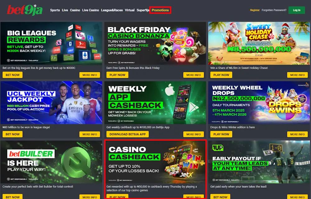 Bet9ja Promotions and Casino Cashback Screenshot
